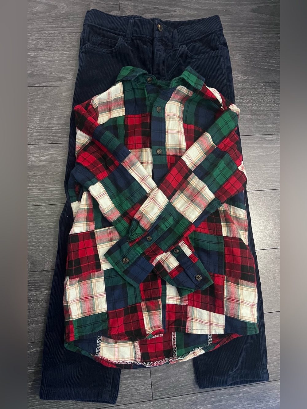 Gymboree Navy Corduroy Pants with Red & Green Plaid Shirt Set